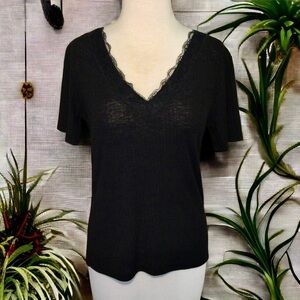 ZARA Black Lace Trimmed Ribbed Knit Short Sleeve Tee Med